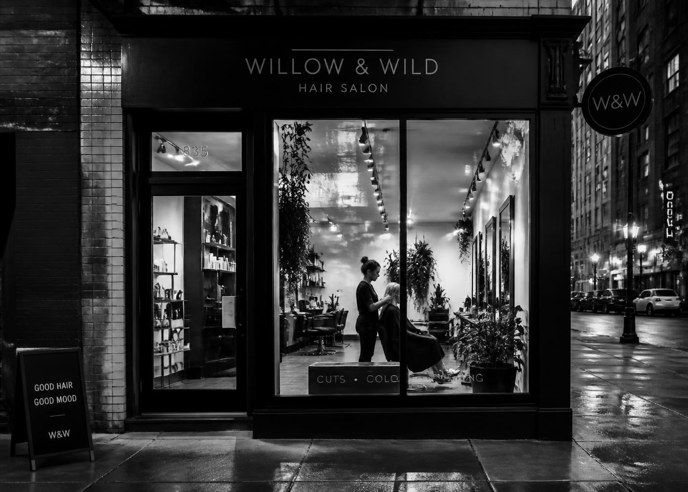 Sur Mesure Salon storefront on a downtown Portland street at night